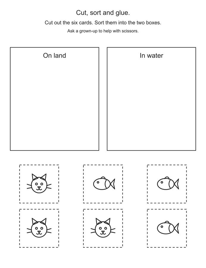 Cut and sort: on land and in water printable activity preview