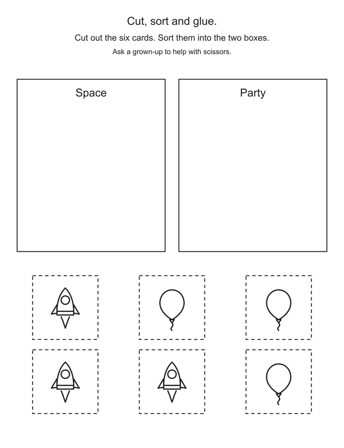 Cut and sort: space and party printable activity preview