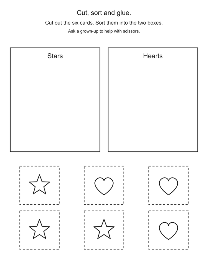 Cut and sort: stars and hearts printable activity preview