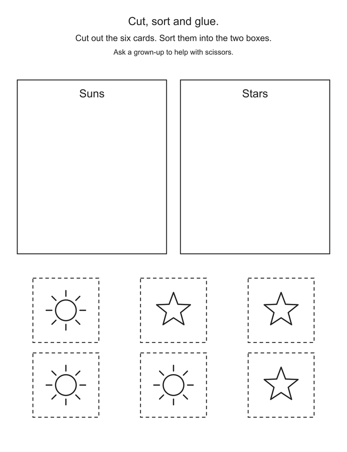 Cut and sort: suns and stars printable activity preview