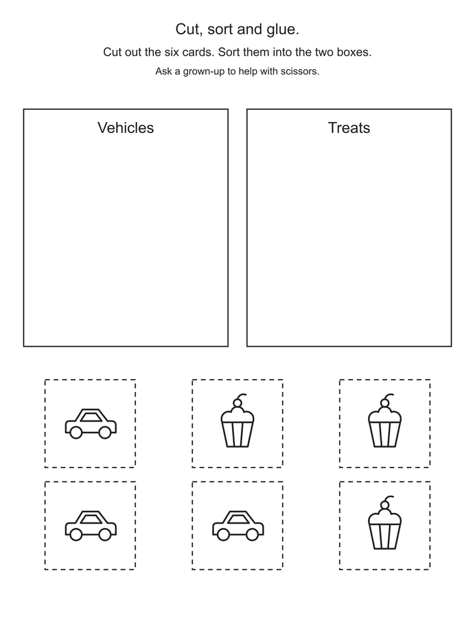 Cut and sort: vehicles and treats printable activity preview