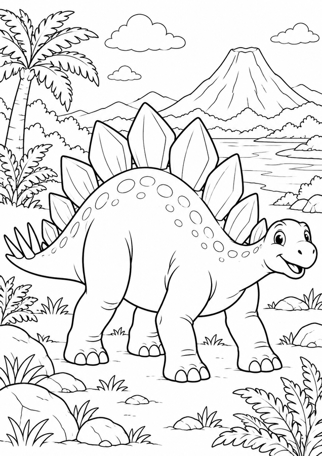 Stegosaurus near a volcano printable activity preview