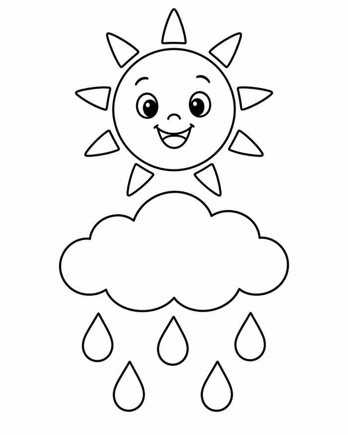 Sun cloud and raindrops coloring preview