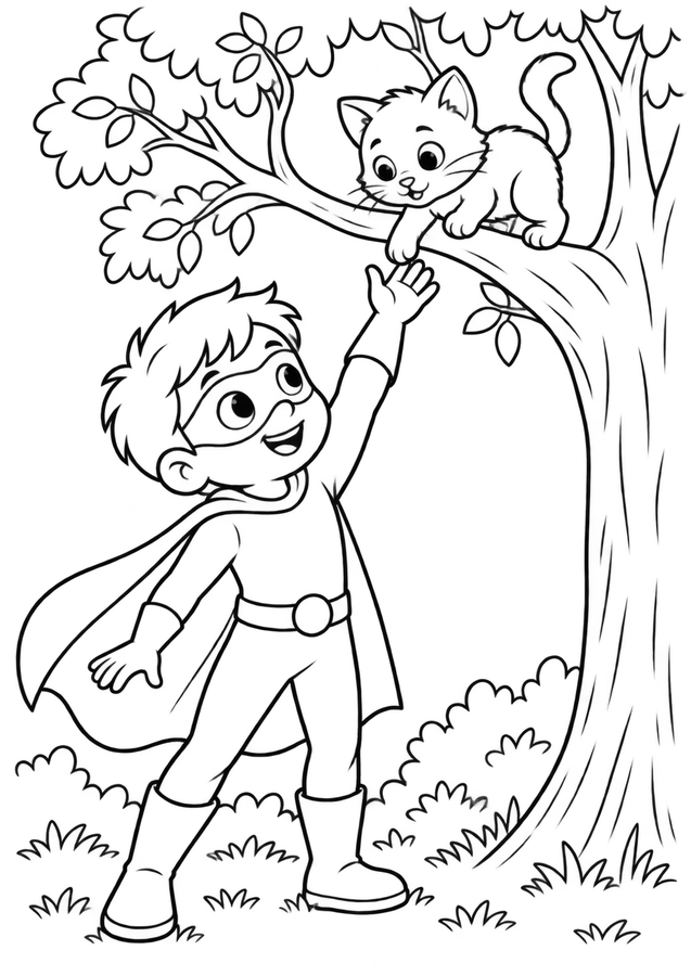 Superhero helping a little kitten printable activity preview