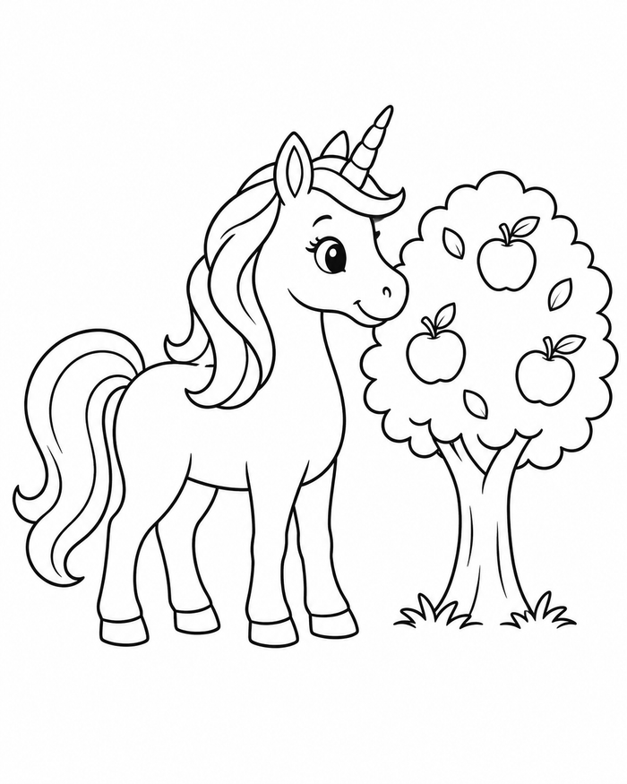 Unicorn in the orchard coloring preview