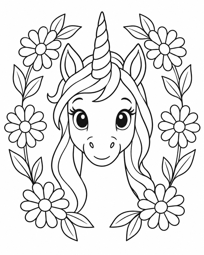 Unicorn flower wreath coloring preview