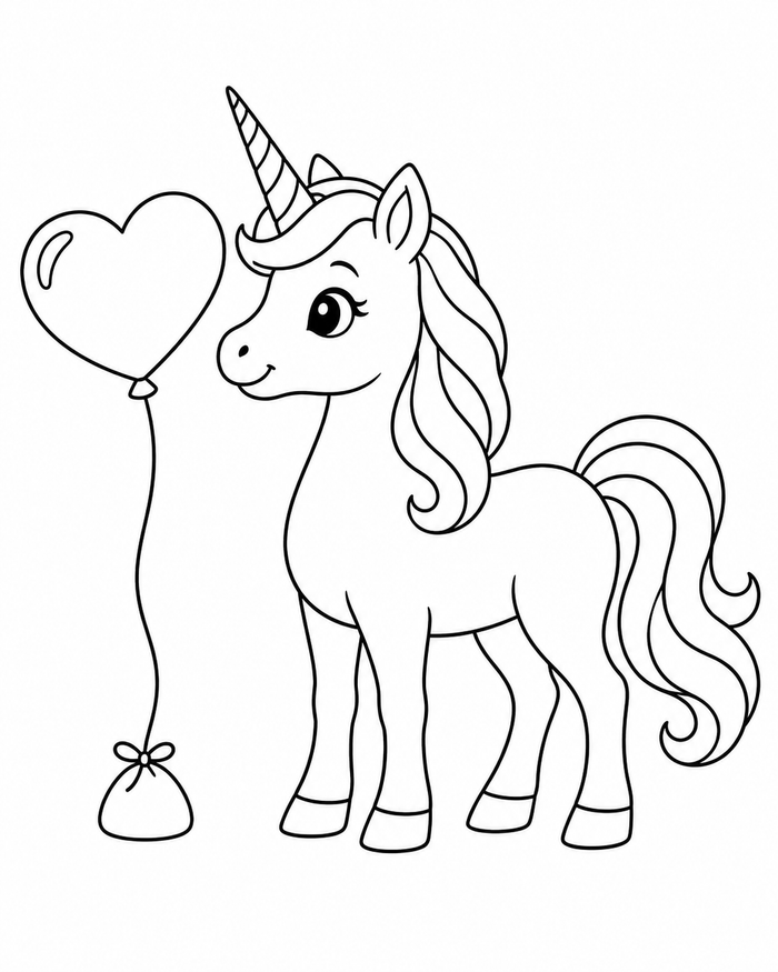 Unicorn and heart balloon coloring preview