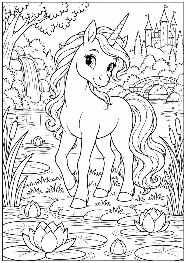 Unicorn beside a lotus pond printable activity preview