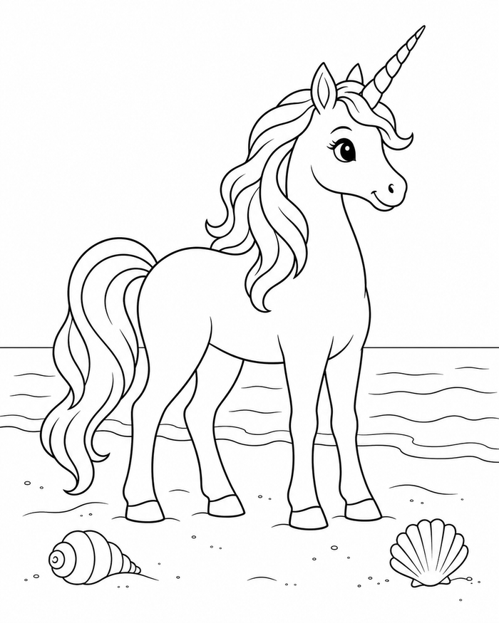 Unicorn at the beach coloring preview