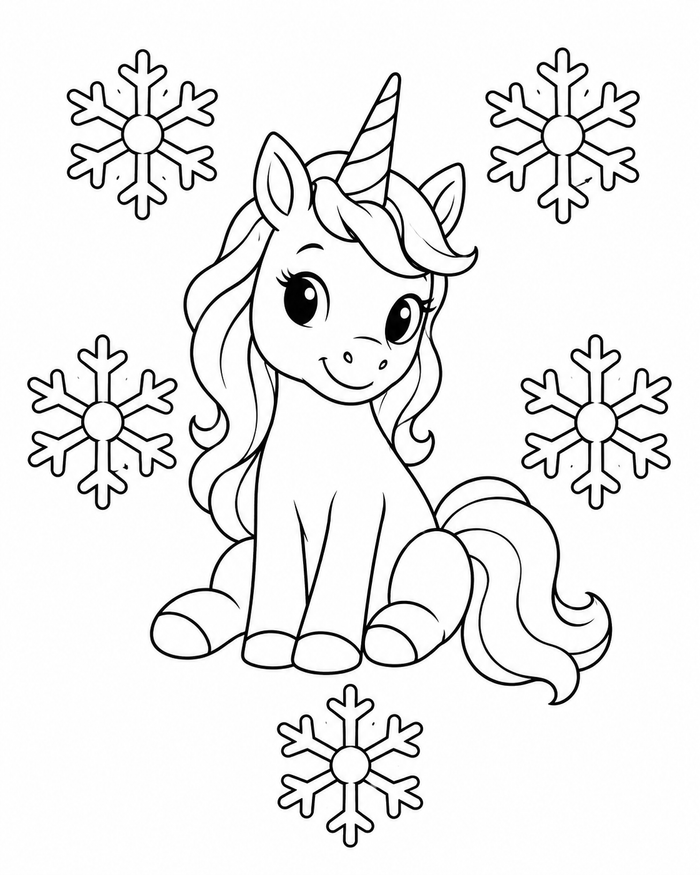 Unicorn and snowflakes coloring preview